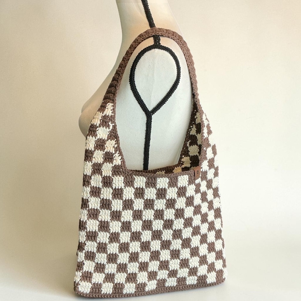 Handmade Brown Ecru Checker Crochet Tote Bag Women OS Checkerboard Shoulder Bag